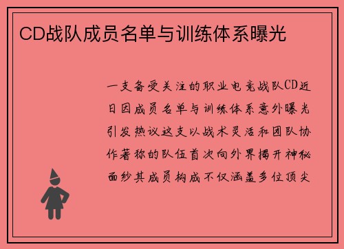 CD战队成员名单与训练体系曝光