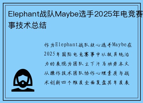 Elephant战队Maybe选手2025年电竞赛事技术总结